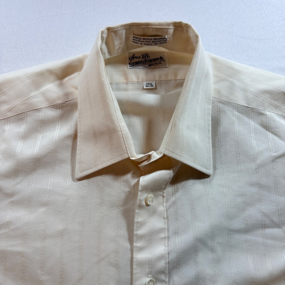 Sears Roebuck Dress Shirt Mens 17.5 34/35 Cream Long Sleeve Striped Button Down